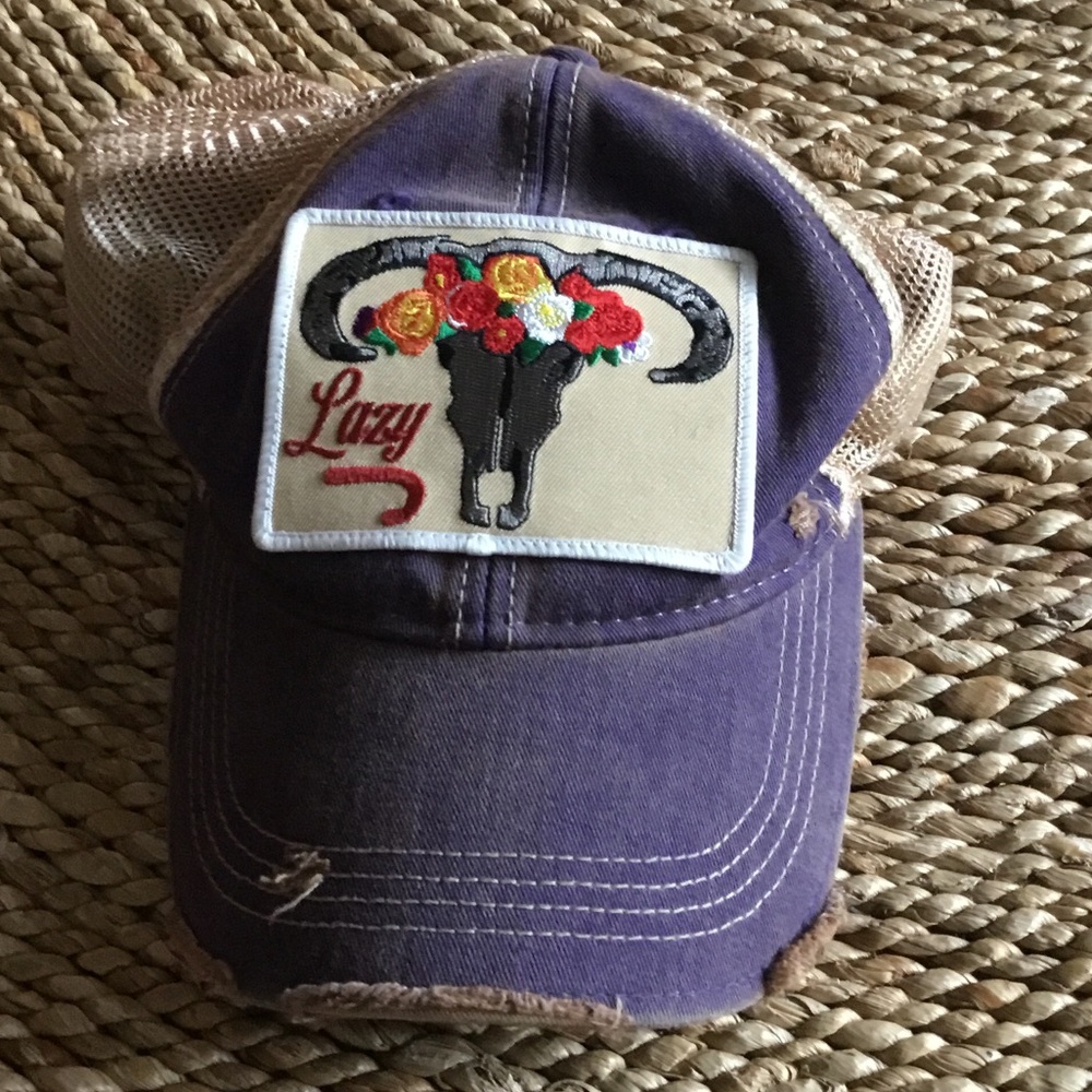 Lazy J Purple Distressed Trucker Hat with Floral Bull Patch